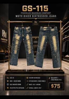 GS-115 Premium Maximum Comfort Blue Distressed Moto Biker Paint-Splatter Jeans